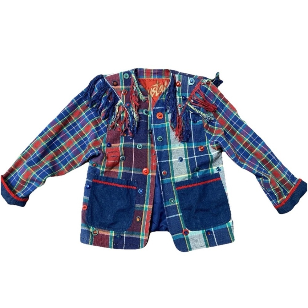 CRYSTAL HANDWOVEN coat Blazer Women Medium Boho Wearable Art Fringe Multicolor